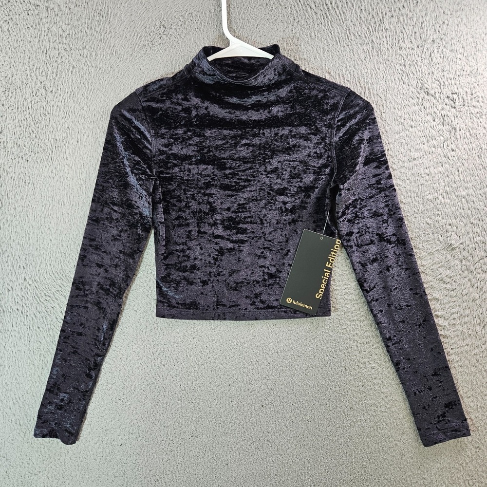 NEW Lululemon All Aligned Velvet Cropped Top Women Size 2 Mock Neck Black